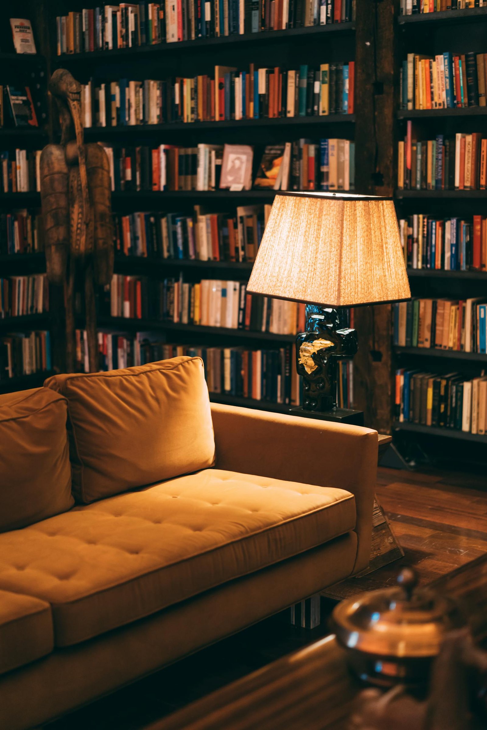 Turned on Floor Lamp near Sofa on a Library Room